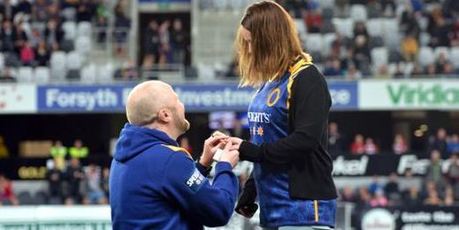 Sam Gilchrist goes down on one knee to propose to partner Ruth Jamieson at halftime during the Otago v Manawatu rugby match at Forsyth Barr Stadium in Dunedin last night. Photos by Peter McIntosh.