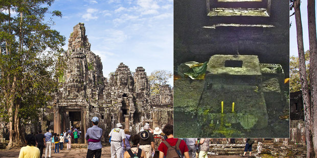 The Angkor Wat complex is popular with tourists. Inset, the plinth where the statue stood.