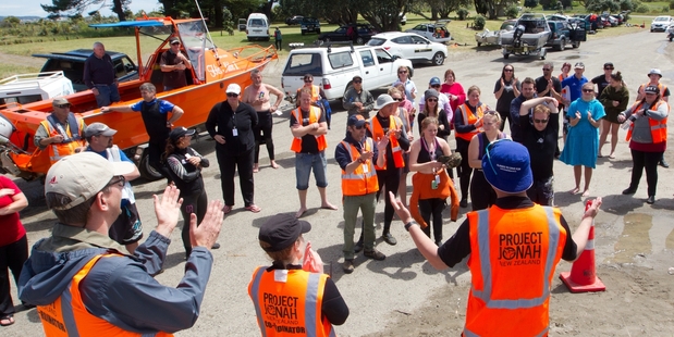 Close to 100 volunteers cheered after their efforts to save stranded whales paid off. Photo / Stephen Parker