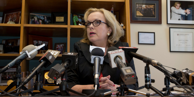 Judith Collins addresses media after being cleared of any wrongdoing. Photo / Mark Mitchell