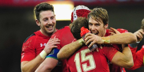 Wales' players celebrate their team's win over South Africa in Cardiff this morning. Photo / Getty Images