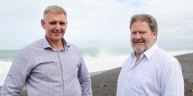 Napier City Council CEO Wayne Jack, left, and Mayor Bill Dalton say a wave park in Napier will be a tourism boon. Photo / Duncan Brown