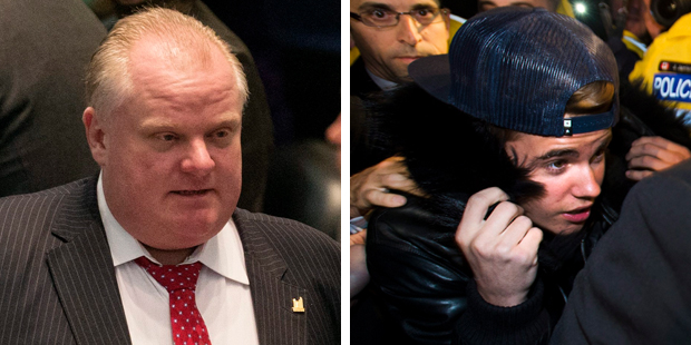Rob Ford and Justin Bieber. Photo / AP