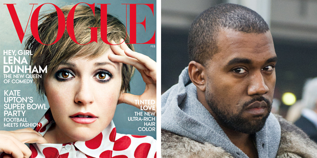 Kanye West was furious that Lena Dunham was on the cover of 'Vogue' instead of Kim. Photo / Supplied, AP