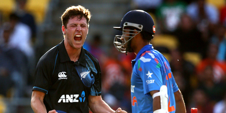 Matt Henry celebrates his wicket of Ajinkya Rahane. Photo / Getty