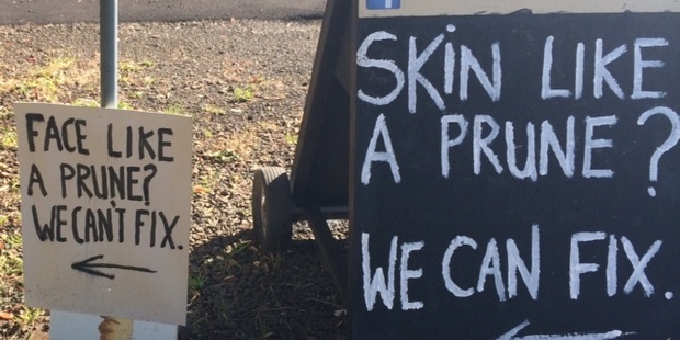 Margaret from Titirangi spotted this funny cardboard sign that was added to their roadside marketing board at work yesterday morning.