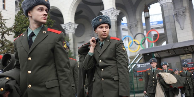 Russian Army soldiers wait for transportation at Sochi airport, Russia. The city's mayor has spoken out about gays and whether they are welcome at the Games. Photo / AP