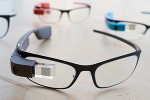 The new Google Glass prescription frames rest on a table at the Google Glass Basecamp space in New York. Photo / AP