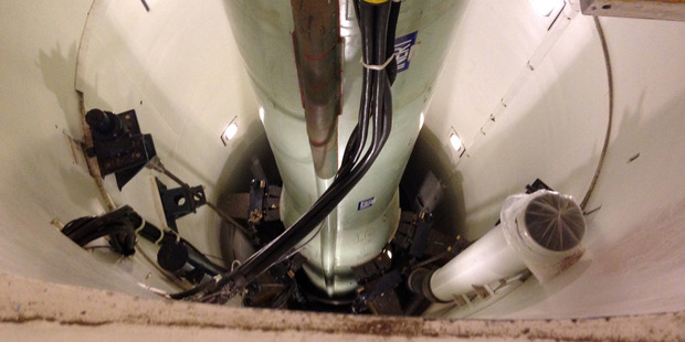 A mockup of a Minuteman 3 nuclear missile used for training by missile maintenance crews in the US. Photo / AP