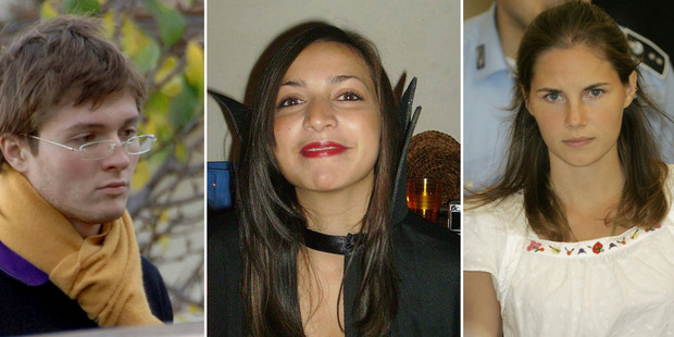 File photos combo shows, from left; Italian student Raffaele Sollecito, slain 21-year-old British woman Meredith Kercher, her American roommate Amanda Knox. Photo / AP