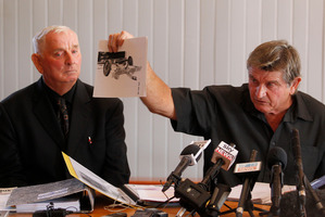 Arthur Thomas (left), and his brother Des, who shows evidence he claims was manufactured in the Crewe murder investigation. Photo / Christine Cornege