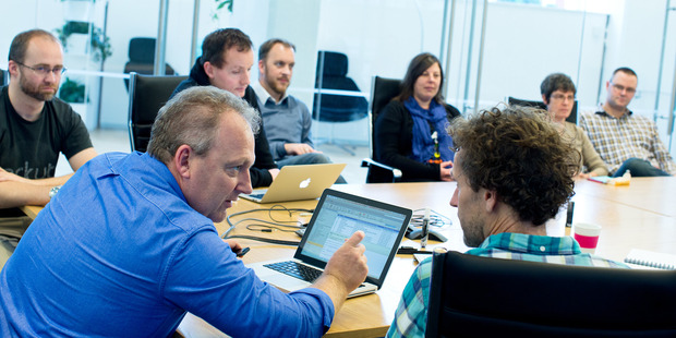 Rod Drury, founder of Xero, at a management meeting in his Wellington offices. Picture / David White
