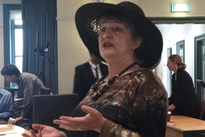 Protester Penny Bright at the Auckland Council meeting this morning. Photo / Sarah Ivey
