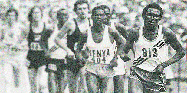 Filbert Bayi to a risk in lead from the front at the start of the 1974 Commonwealth Games 1500m race. Photo / Herald archives