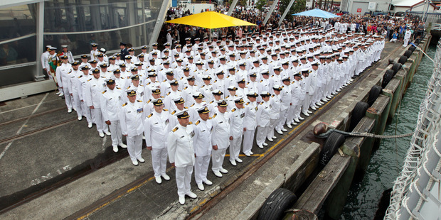 Navy members at Queens Wharf during the parade. Photo / Doug Sherring