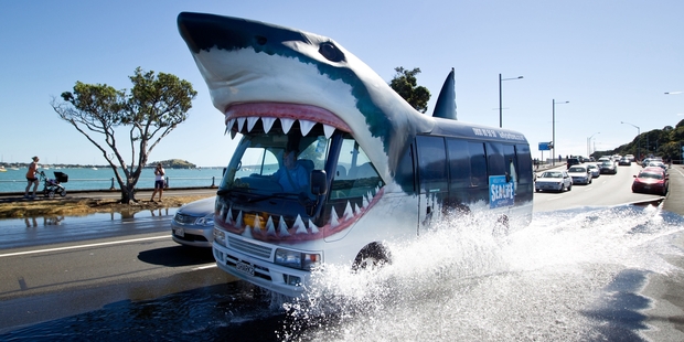 The Kelly Tarlton bus looks at home in water on Tamaki Drive yesterday. Photo / Richard Robinson
