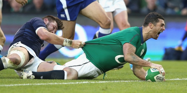 Rob Kearney dives over the line during Ireland's walkover against Scotland to claim the Six Nations title. Photo / Getty Images