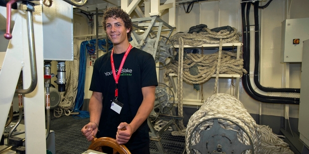 ON TRACK: Mania Oxenham, Rotorua Boys' High School student, in the steering room on board HMNZS Wellington. PHOTO/SUPPLIED