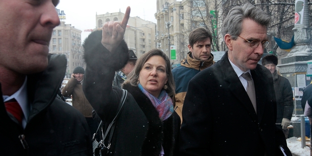 Victoria Nuland's exchange with Geoffrey Pyatt, right, appeared on YouTube. Photo / AP