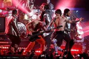 Flea's bass appears disconnected during the Red Hot Chili Peppers' performance at the Super Bowl. Photo / AP