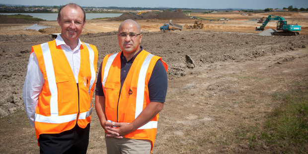 Peter Jeffries from the Community of Refuge Trust (left) and Paul Majurey from the Tamaki Collective on the site of the Tamaki Collective's first housing project at Weymouth. Photo / Natalie Slade