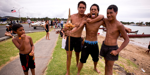 Youngsters (from left) Piripi Huia, 7, Kaipo Brown, 14, Daniel Wells, 17, and Patrick Paparoa, 13, get in the mood for the celebrations at Waitangi. Photo / Dean Purcell