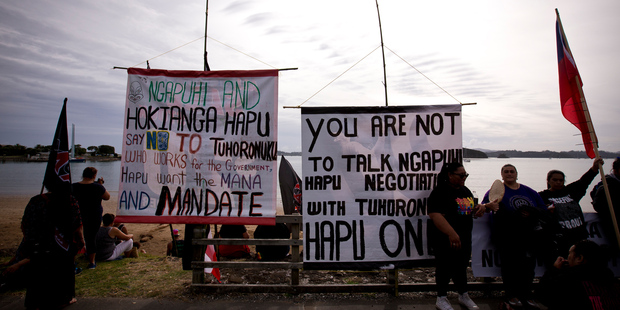 Protest banners during the Waitangi celebrations held at Waitangi. Photo / Dean Purcell