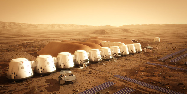 The proposed Mars One settlement, looking like a row of beach buckets, will have home comforts and interior food-growing areas. Photo / Mars One
