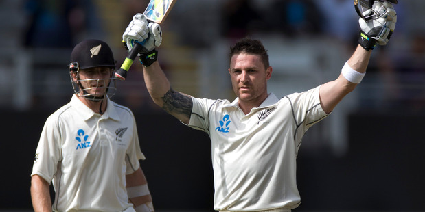 Brendon McCullum reached stumps unbeaten on 143, while Kane Williamson made 113 on the opening day of the first test. Photo / Brett Phibbs