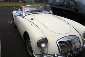 David Shearer, in the driving seat of a classic MG, with passenger Trevor Mallard who tweeted the picture.