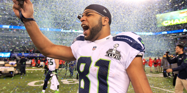 Seattle Seahawks' Golden Tate celebrates after the NFL Super Bowl XLVIII football game against the Denver Broncos. Photo / AP