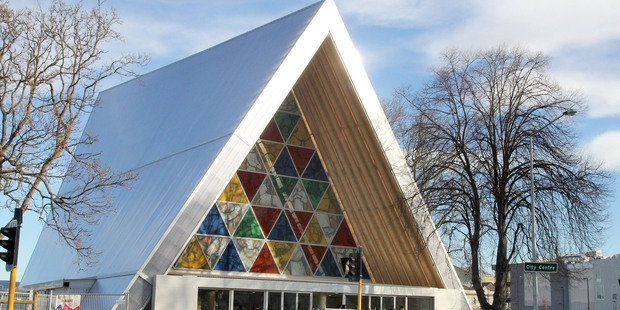 The transitional 'Cardboard' Cathedral on the corner of Madras and Hereford Streets in Christchurch.
