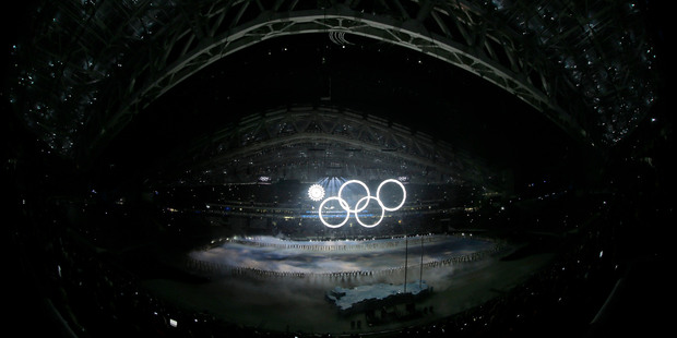 One of the rings forming the Olympic Rings fail to open during the opening ceremony of the 2014 Winter Olympics. Photo / AP