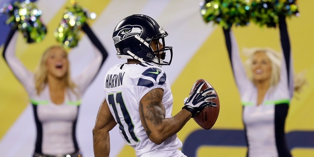 Seattle Seahawks' wide receiver Percy Harvin celebrates his kick-return touchdown against the Denver Broncos. Photo / AP