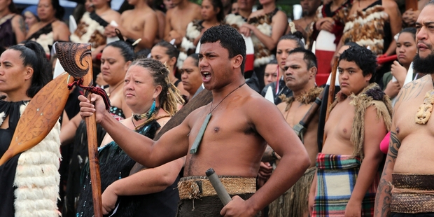 Taniwha-Bayley Mihaka was one of the paddlers to gather at a ceremony before they took to the water in waka on Waitangi Day. Photo / John Stone