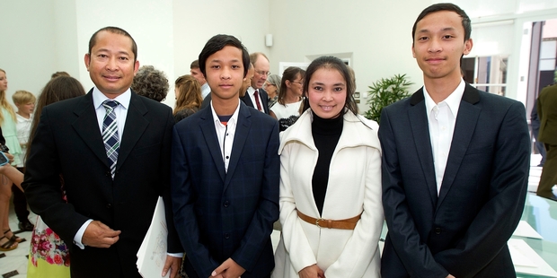 The Khun family (from left) Masal, Vishnun, Potey Uy and Vishnu after a citizenship ceremony at Government House in Wellington. Photo / Marty Melville