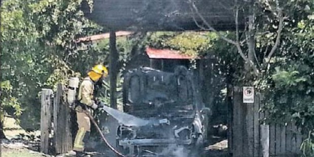 IGNITED: A vehicle fire halted traffic along State Highway 2 outside Crab Farm Winery yesterday.