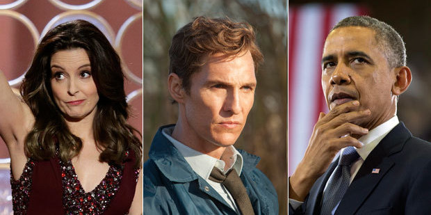 Host Tina Fey at the Golden Globes, Matthew McConaughey in True Detective and US President Barack Obama. Photos / AP