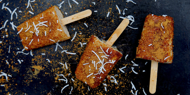 Toffee coated banana and coconut cream popsicles. Photo / Eleanor Ozich