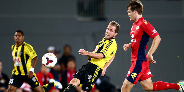 Jeremy Brockie of Wellington shoots at goal during the round 17 A-League match against Adelaide United at Eden Park. Photo / Getty Images