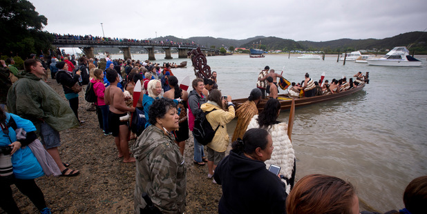The waka crews take part in the celebrations on a wet and cold Waitangi Day. Photo / Dean Purcell