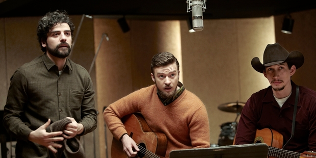 Justin Timberlake (centre) with co-stars Oscar Isaac Adam Driver in a recording studio scene from Inside Llewyn Davis.