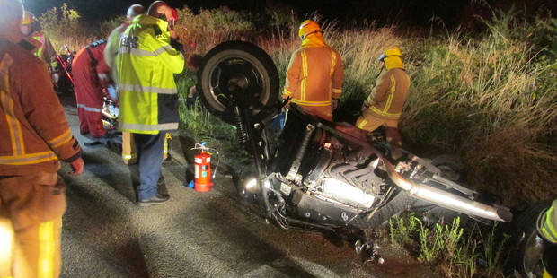 A large trike-style motorcycle had left the road and rolled before coming to rest in a ditch in Mariri, just south of Motueka. Photo / supplied