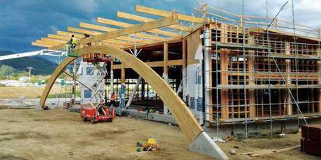 The Tuhoe Te Uru Taumatua project currently under construction using a largely local workforce with renewable, non-toxic, local materials. Photo / Jasmax and Tuhoe