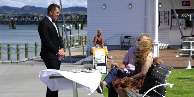 Councillor Matt Cowley treated Tauriko couple Warren and Joelene Young to a surprise Valentine's Day meal on the waterfront. Photo / George Novak