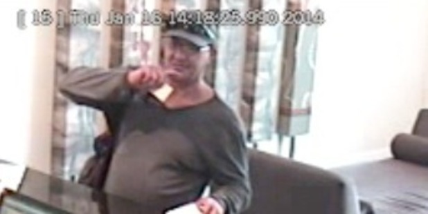 CCTV footage of an alleged scam artist. Among other things, the man allegedly offered fake jobs and sold a rental car for cash.