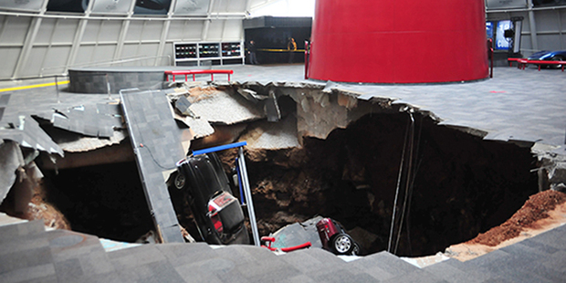 Doh. Eight cars were damaged when a sinkhole opened up under America's National Corvette Museum. Photo / AP