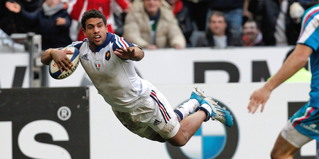 France's Wesley Fofana jumps to score a try during his side's Six Nations international match against Italy. Photo / AP