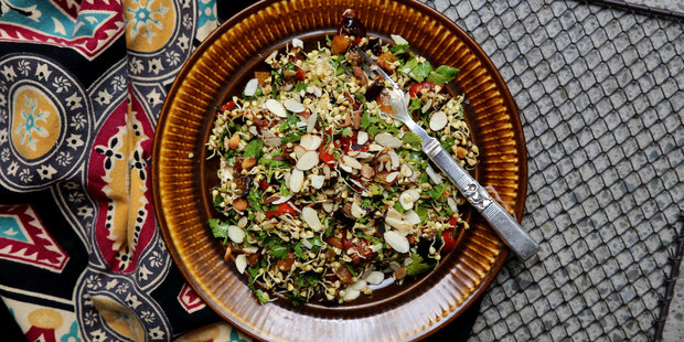 Moroccan spiced sprouted buckwheat salad with preserved lemon and toasted almonds. Photo / Eleanor Ozich