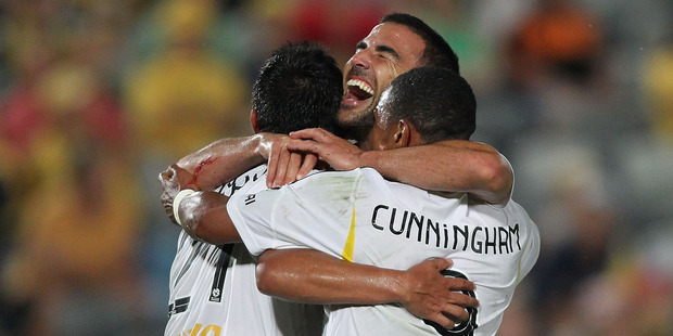 Manny Muscat celebrates with Wellington's Costa Rican connection during their 4-1 win over Central Coast. Photo /Getty